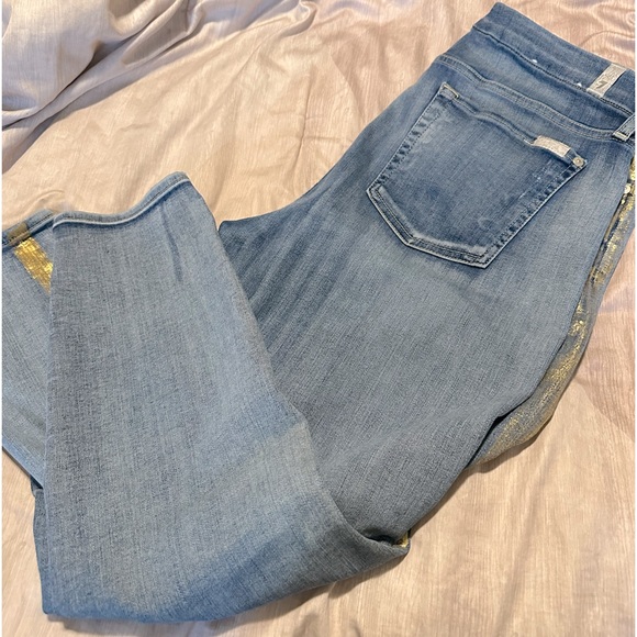 7 for All Mankind Jeans with Gold Metallic tuxedo stripe. Ankle crop denim. - Picture 2 of 7